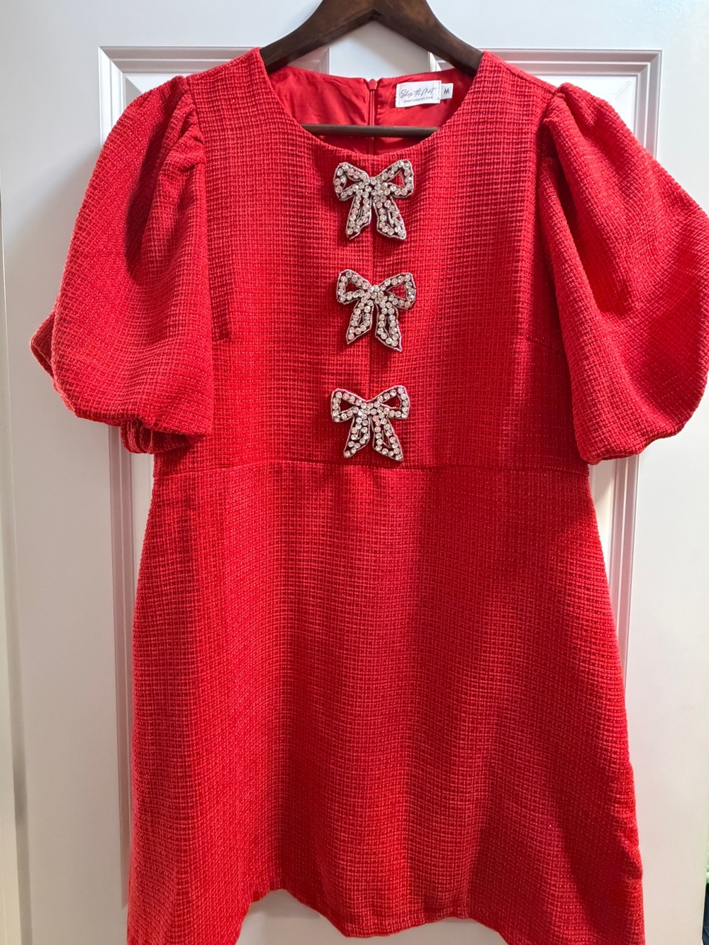 Women's Red Puff-Sleeve Mini Dress with Crystal Bow Details